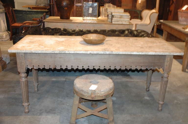 18th Century and Earlier French Marble Top Table with Carved Base and Turned Legs For Sale