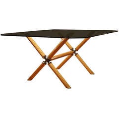Italian Glass Top Table With Birdseye Maple And Brass Inlay Base