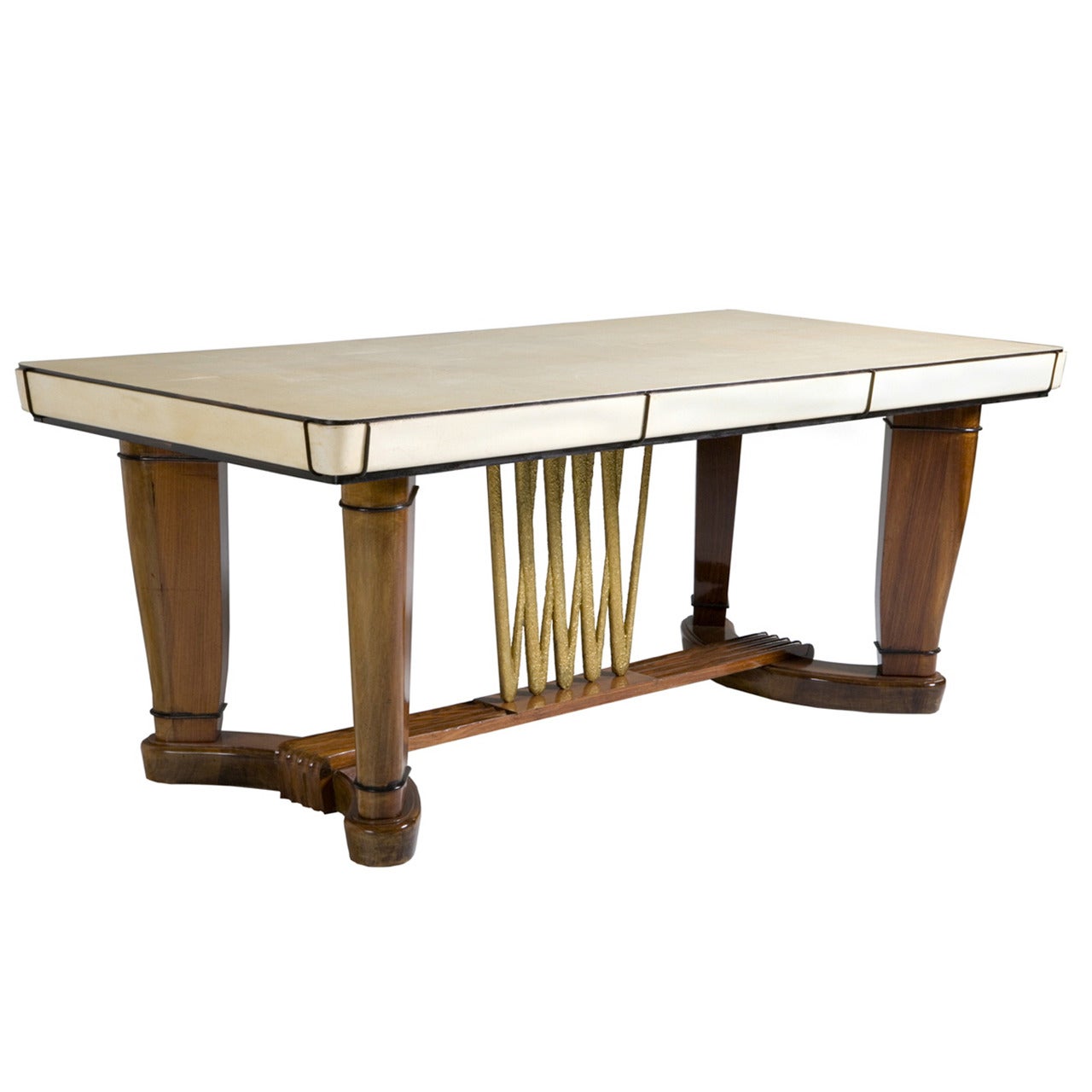 Italian Goat Skin Table with Walnut and Gilt Accents For Sale