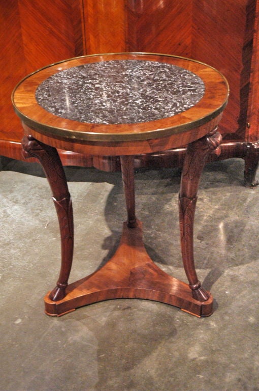 French Small Round Center Table with Marble Inset Top and Three Carved Legs.