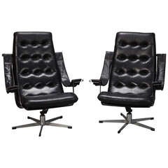 Pair Mid Century Black Leather and Chrome Chairs