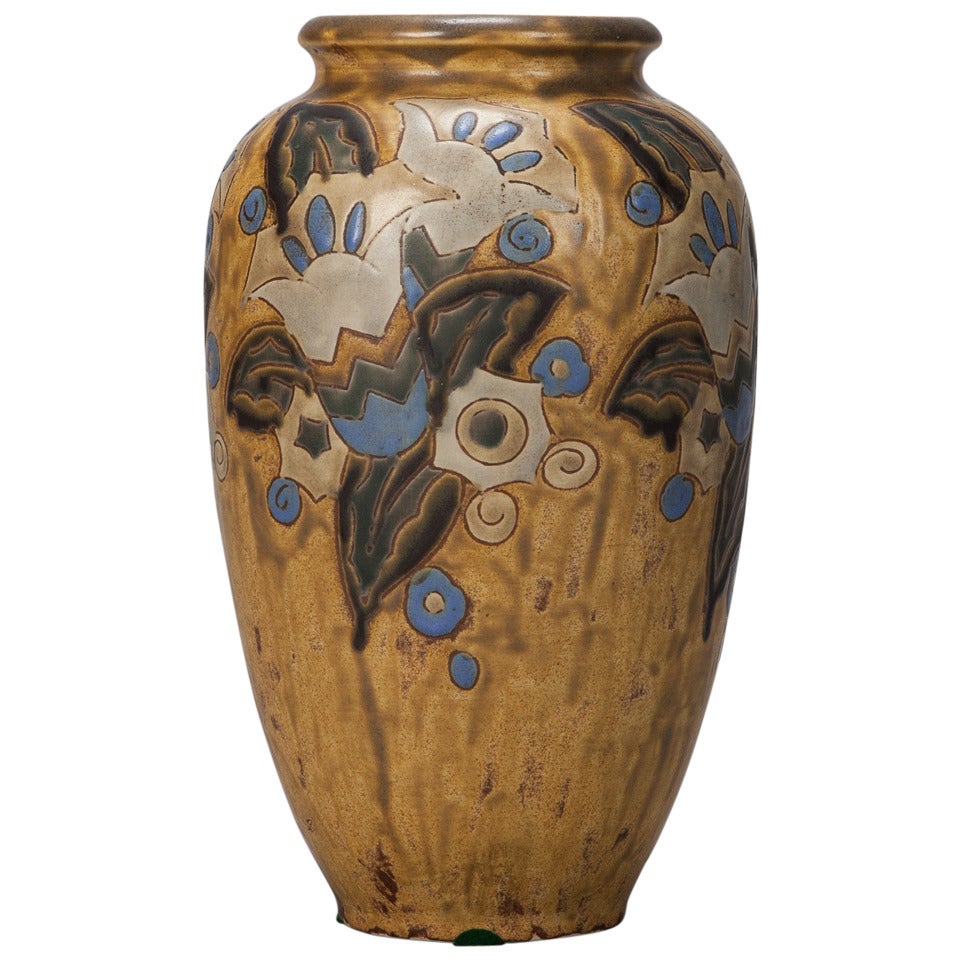 Boch Blue and Mustard Art Deco Vase Designed by Charles Catteau