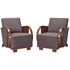 Pair Upholstered Art Deco Chairs with Bentwood Arms