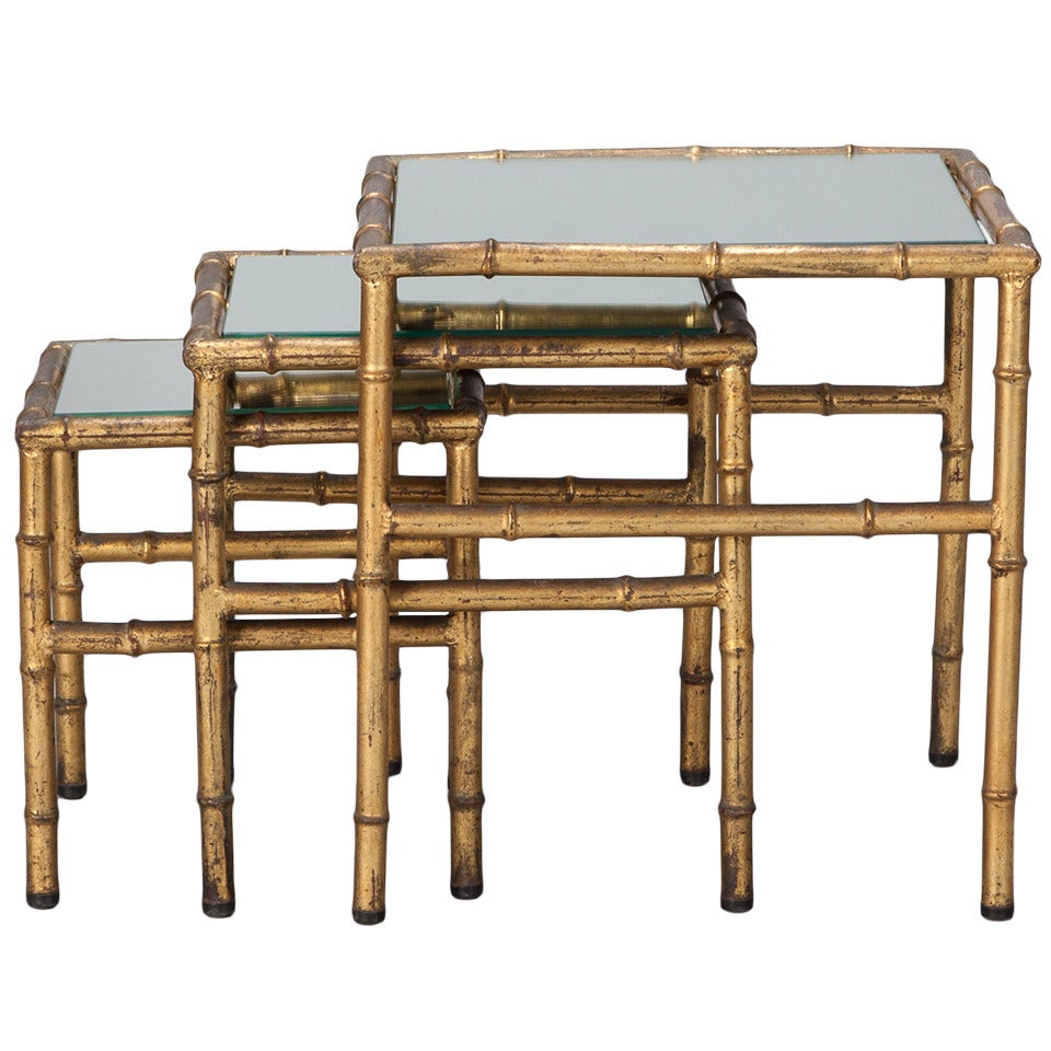 Set of Three Faux Bamboo Gilt Metal Nesting Tables