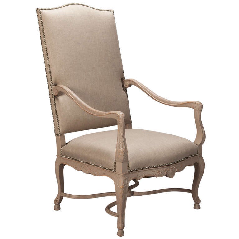 Tall French Arm Chair with Carved and Painted Frame For Sale at 1stdibs