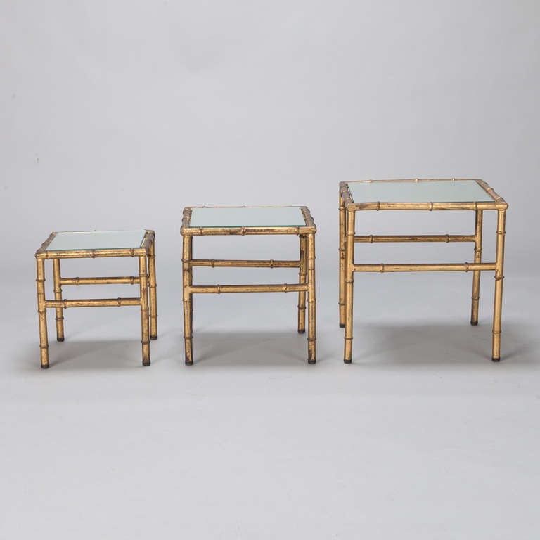 Hollywood Regency Set of Three Faux Bamboo Gilt Metal Nesting Tables