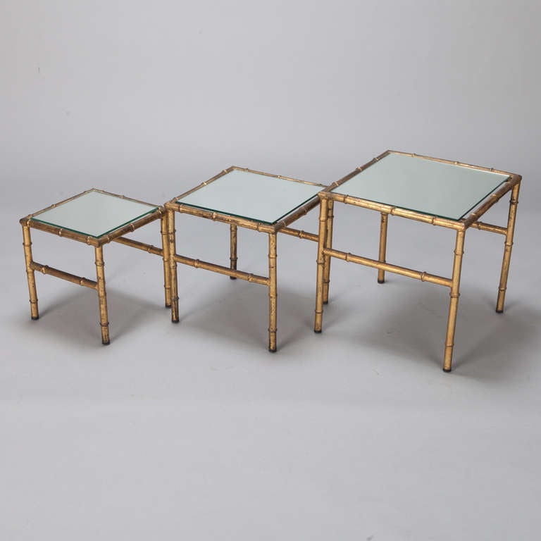 Mid-20th Century Set of Three Faux Bamboo Gilt Metal Nesting Tables