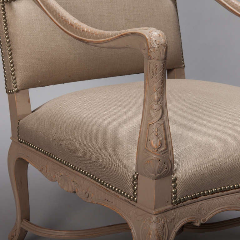 Upholstery Tall French Armchair with Carved and Painted Frame For Sale