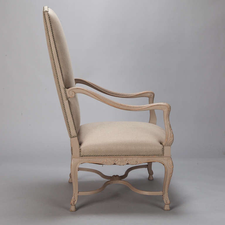 Tall French Armchair with Carved and Painted Frame In Excellent Condition For Sale In Troy, MI