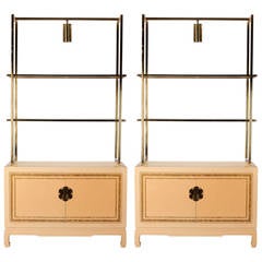 Pair of James Mont Style Blond Lacquered and Brass Display Cabinets