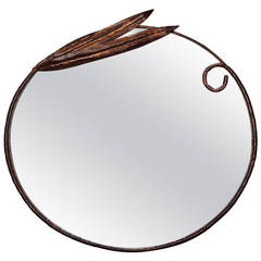 Mid Century Gilt Iron Leaf Framed Round Mirror