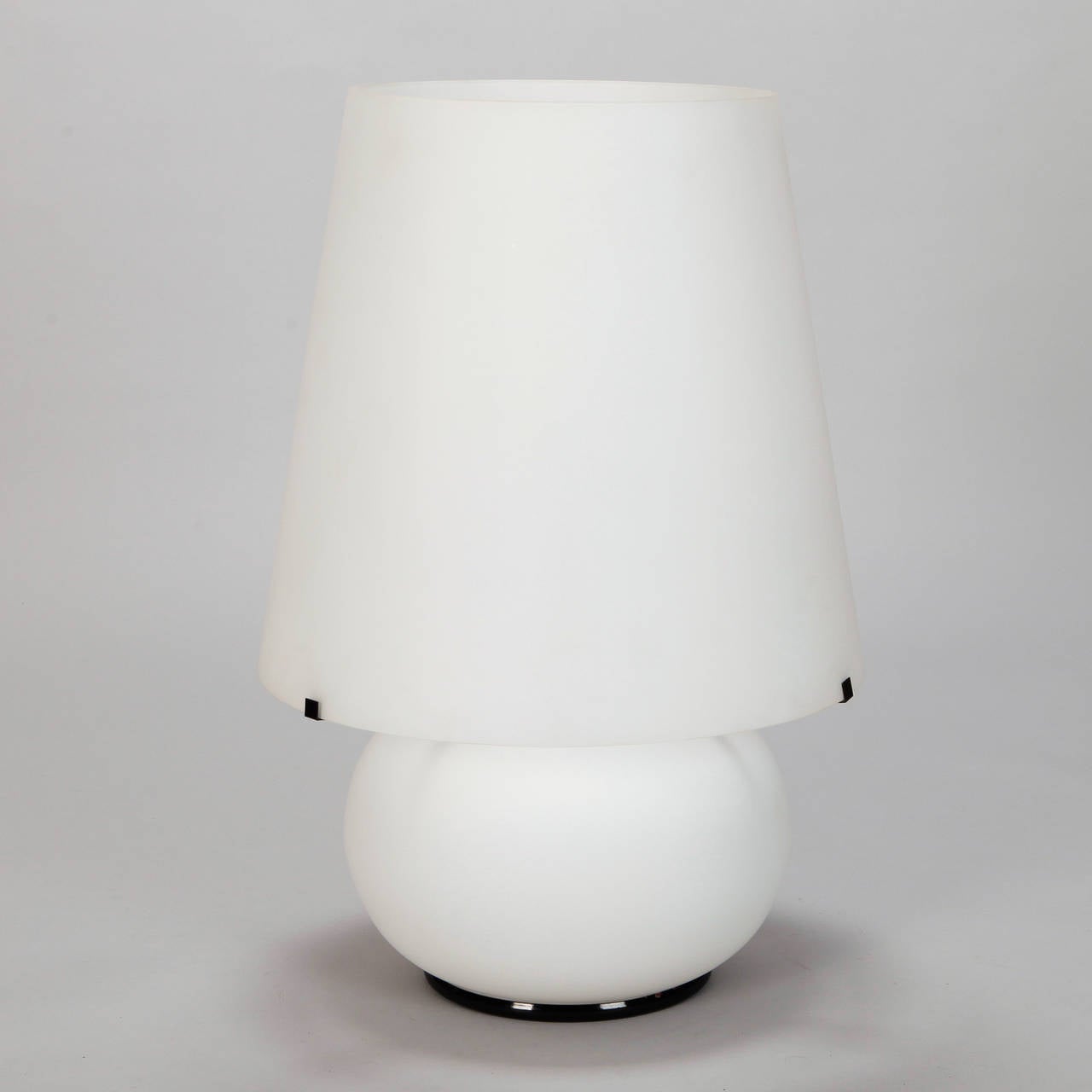 Circa 1950s large table lamp in frosted white glass with round, globe shaped body and tall, all glass shade designed by Max Ingrand for Fontana D'Arte. This extra large vintage size is no longer available.  New wiring for US electrical standards.