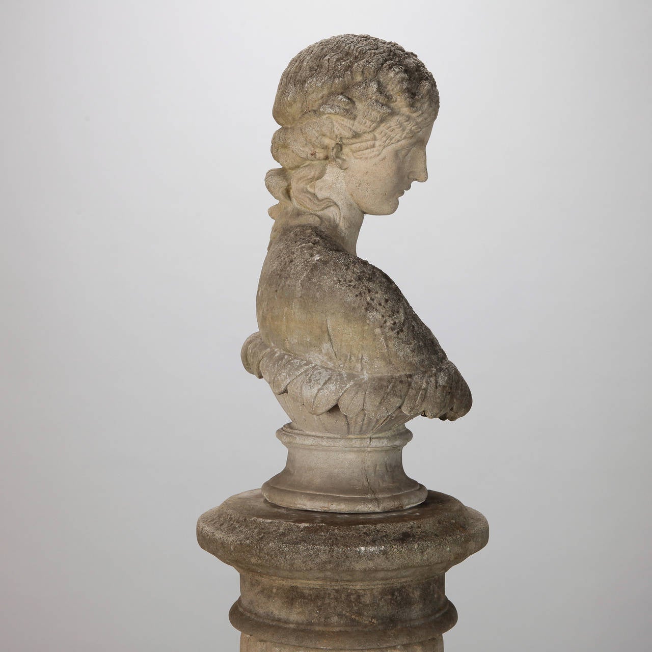 Classical Greek Stone Garden Bust of Greek Goddess On Stand