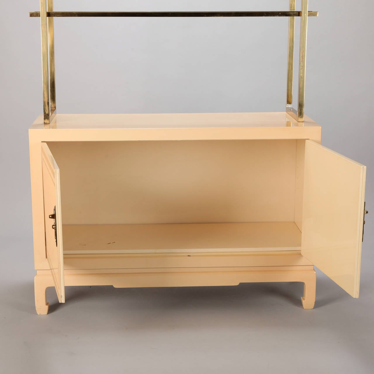 Pair of James Mont Style Blond Lacquered and Brass Display Cabinets
