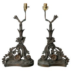 Pair of French Art Nouveau Andiron Table Lamps  