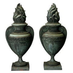 Pair of Tall Bronze Flame Urns