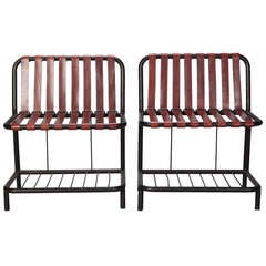 Pair Mid Century Italian Black Metal Chairs With Red Leather Straps