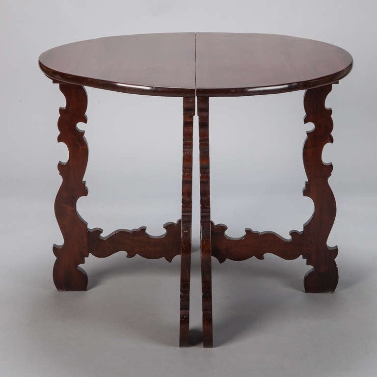 Pair of Italian Demilune Walnut Tavolino with Carved Legs