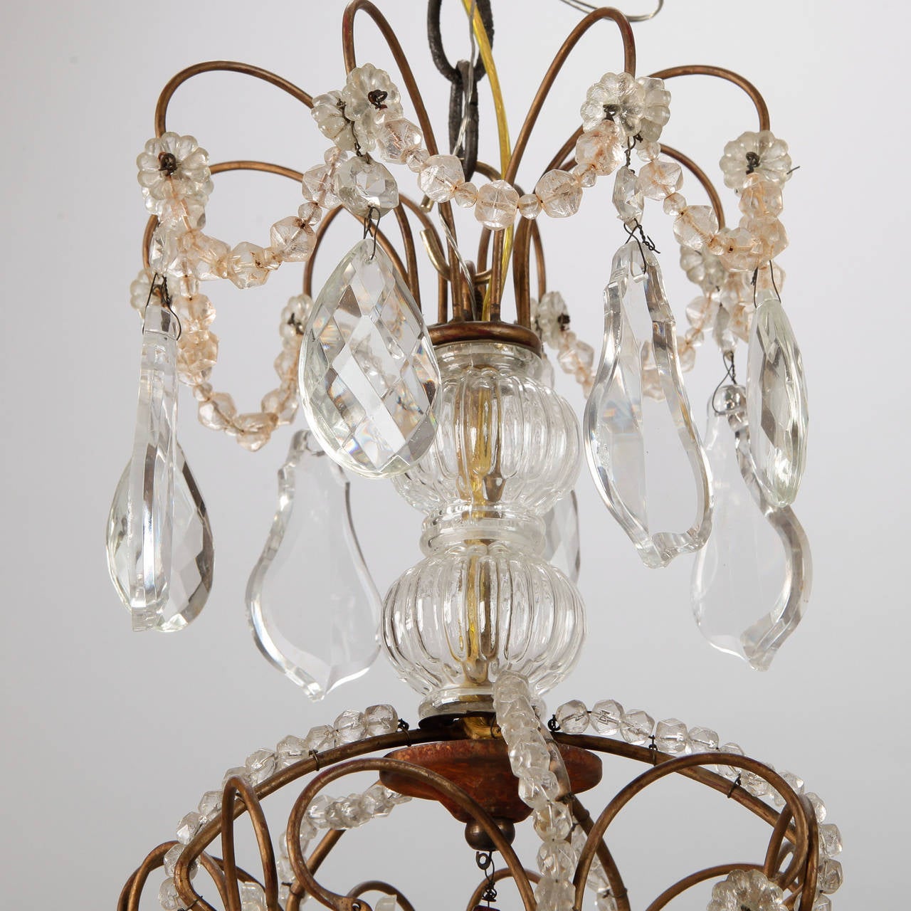 French Five Light Brass Beaded Cage Shape Chandelier 3