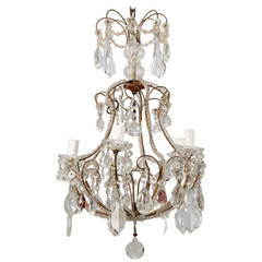 French Five Light Brass Beaded Cage Shape Chandelier