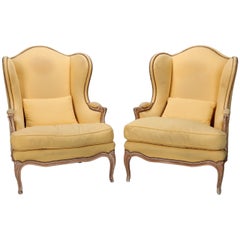 Pair High Back Winged Bergeres With Matching Stools