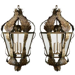 Pair of Italian Bronze Tole Leaf Lanterns