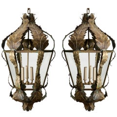 Pair of Italian Bronze Tole Leaf Lanterns