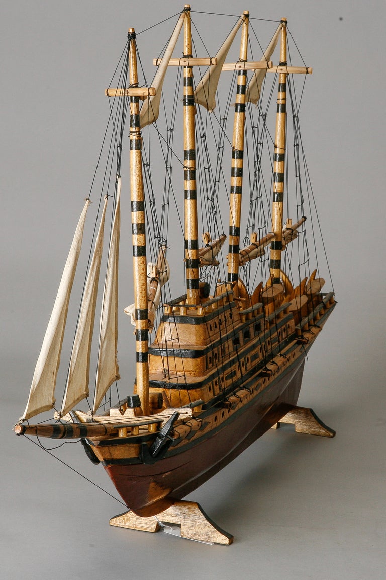 Carved Circa 1900s Tall Wood Model Ship