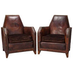 Pair French Art Deco Leather and Velvet Club Chairs