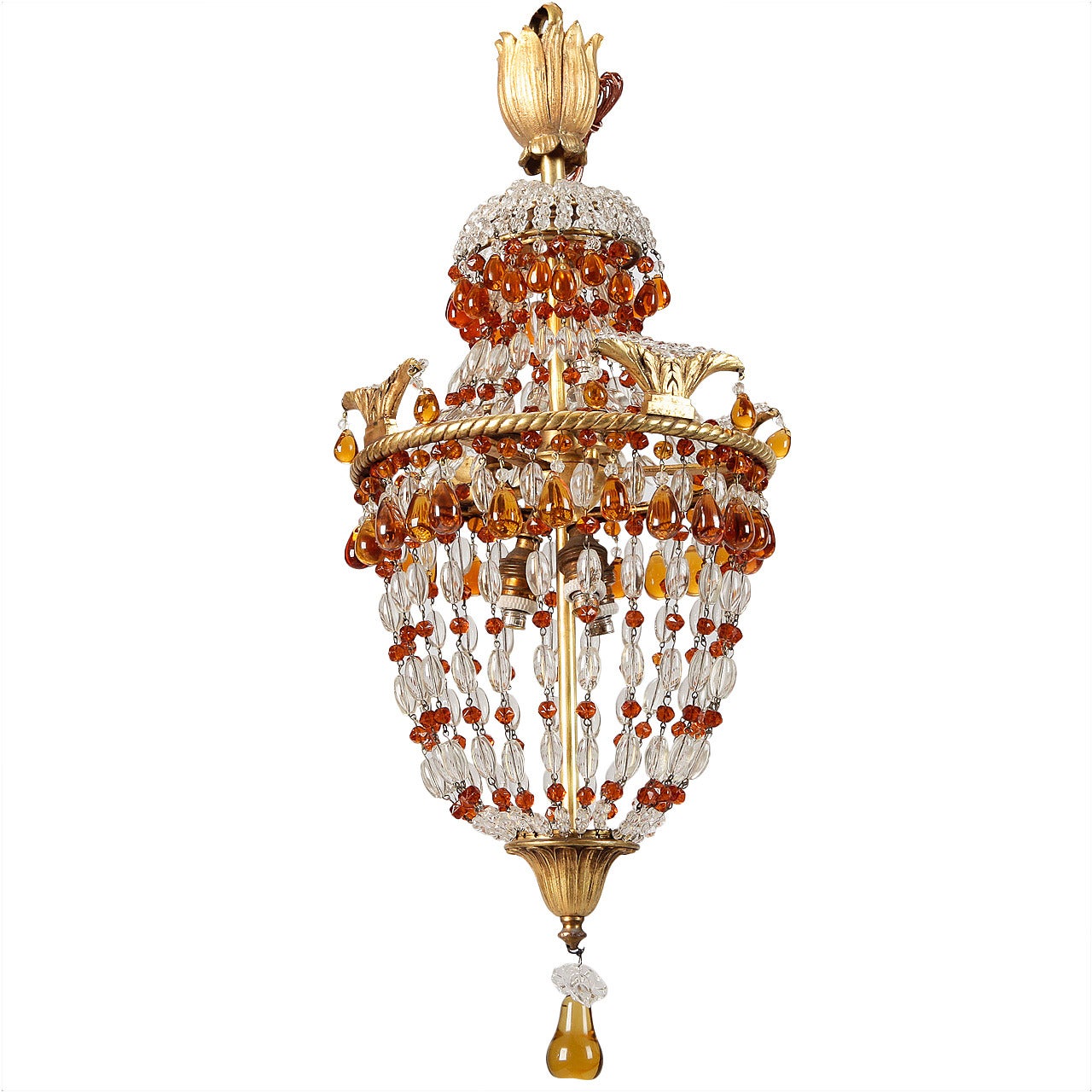 Small 19th Century French Bronze Fixture With Clear and Amber Beads
