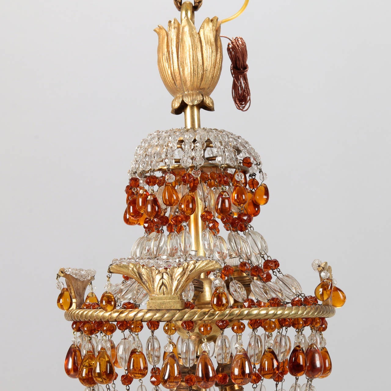 Small 19th Century French Bronze Fixture With Clear and Amber Beads 2