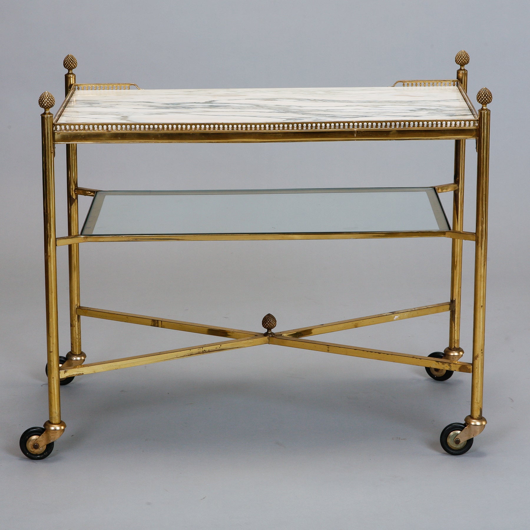 Italian Brass and Marble Trolley Table with Pineapple Finials