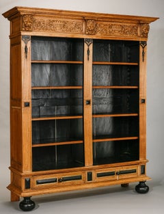 19th Century Dutch Bleached Oak Bookcase with Carved Lions