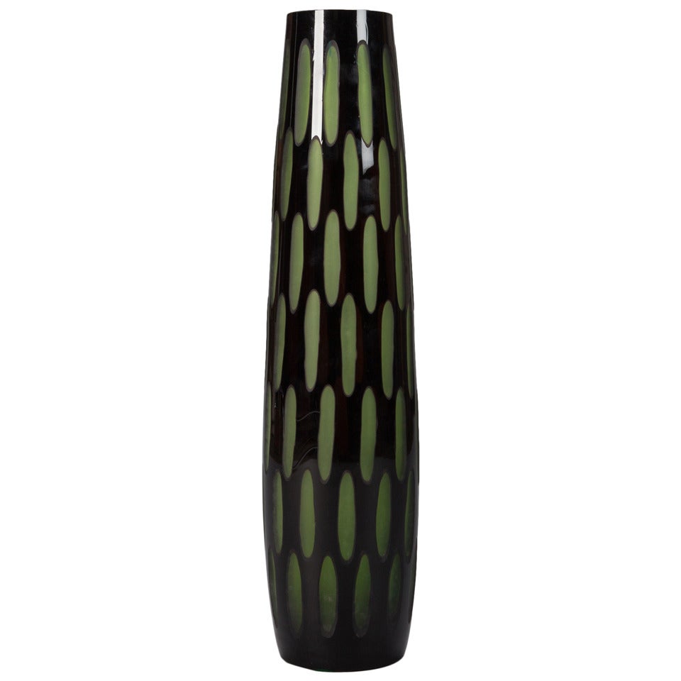 Mid Century Slender Black and Green Case Glass Vase