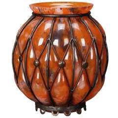 Orange Pate de Verre Vase with Metal Surround