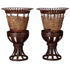Pair Tall French Iron and Jute Jardinieres