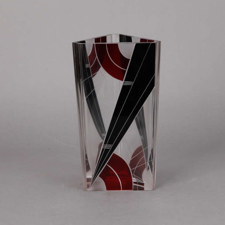 Karl Palda clear faceted glass with ruby red and black enamel geometric designs, circa 1930s.