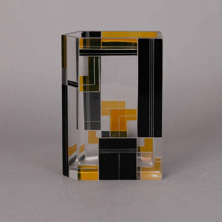 Circa 1930s five sided clear cut and etched glass vase with black and yellow geometric designs.