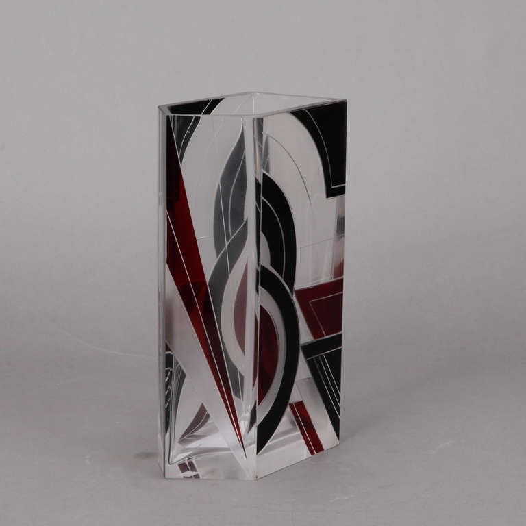 Art Deco Five Sided Red and Black Karl Palda Glass Vase