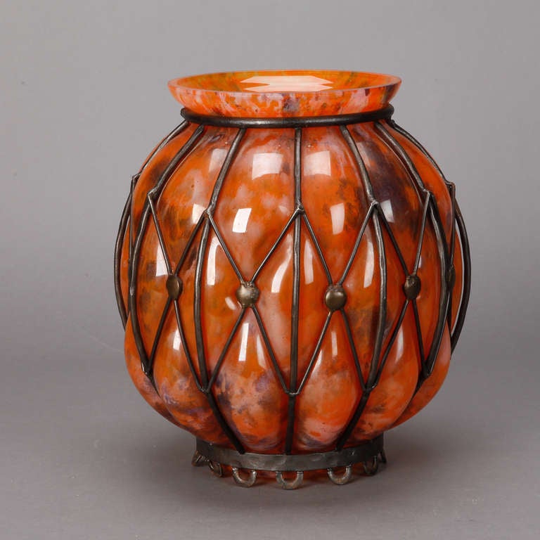 French Orange Pate de Verre Vase with Metal Surround