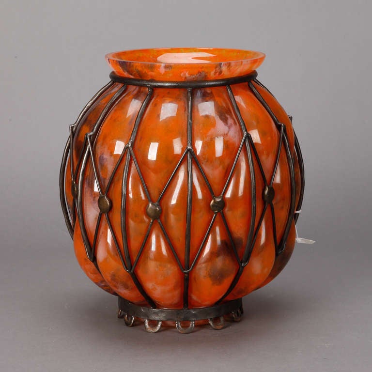 Orange Pate de Verre Vase with Metal Surround In Excellent Condition In Troy, MI