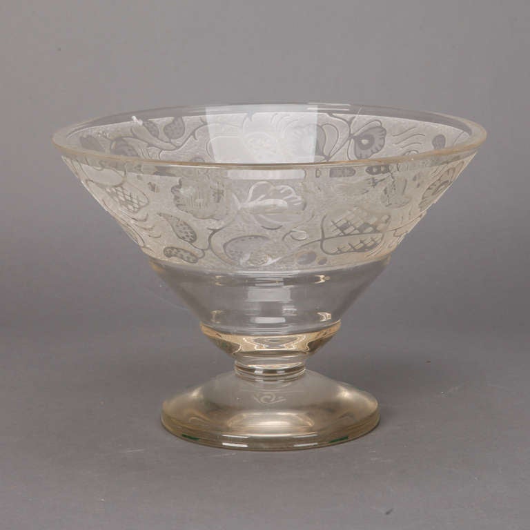 Large French pedestal bowl of clear glass with an acid etched design of flowers and vines, circa 1930s.