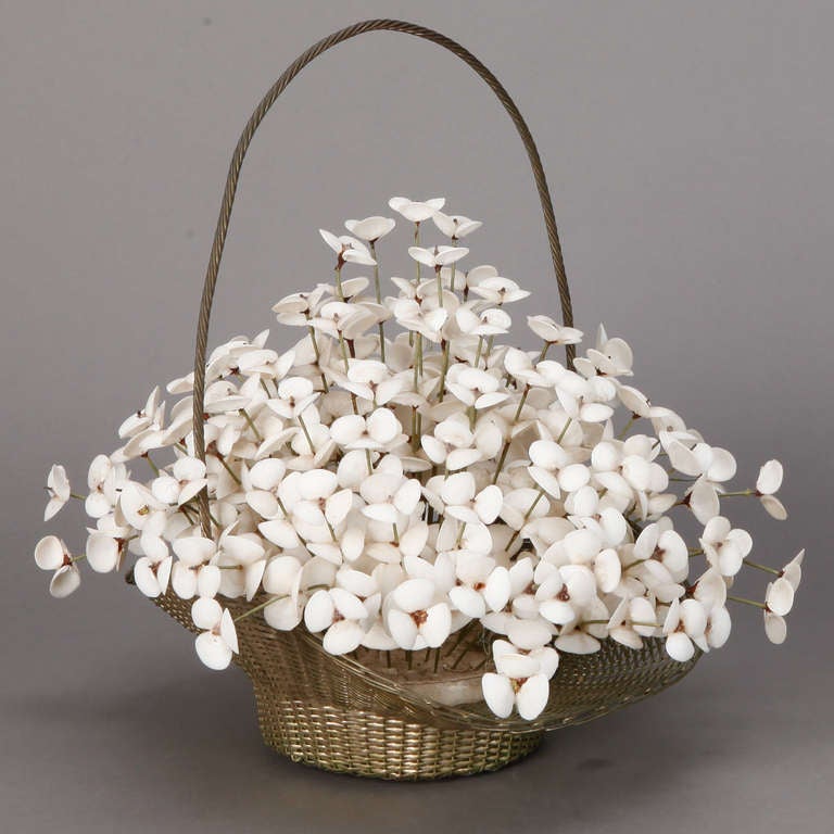 French Woven Metal Basket with Shell Flowers In Good Condition In Troy, MI