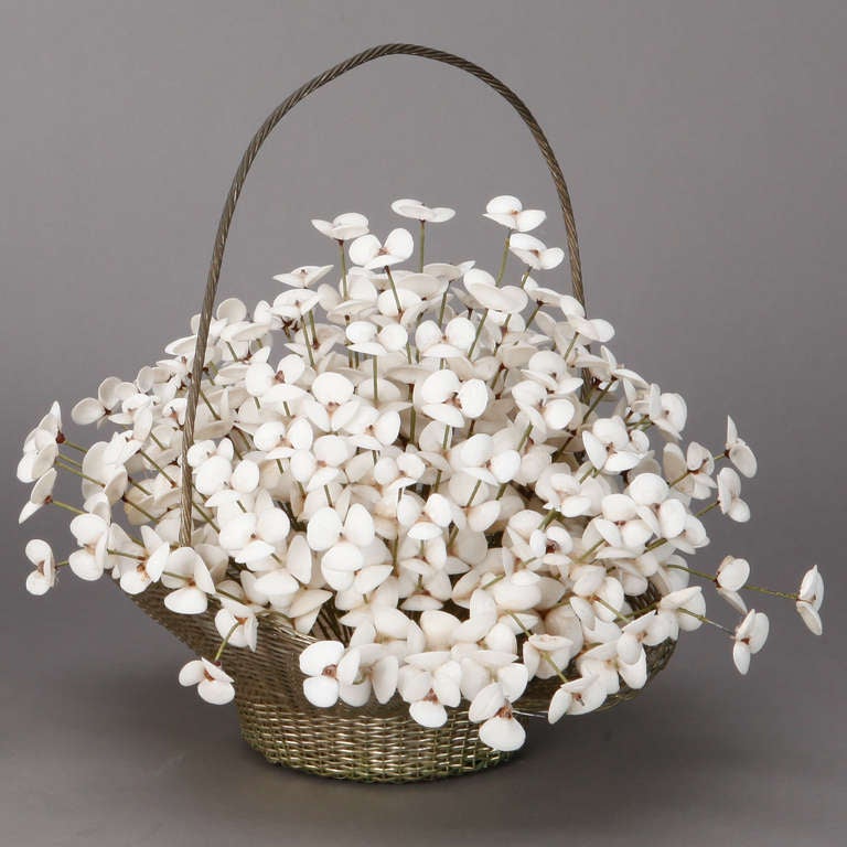 20th Century French Woven Metal Basket with Shell Flowers