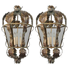 Pair 20th Century Italian Dark Brass Lanterns With Applied Leaves 7