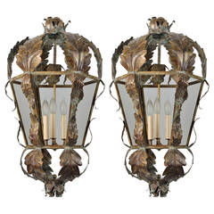 Pair 20th Century Italian Dark Brass Lanterns With Applied Leaves