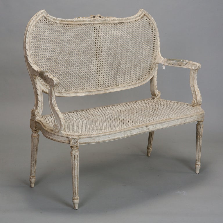 French White Caned Settee with Unusual Seat Back