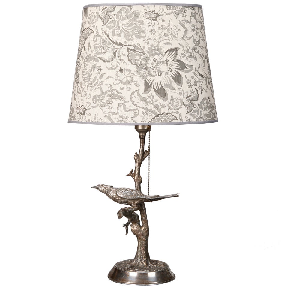 Silver Plate Table Lamp with Bird in Tree