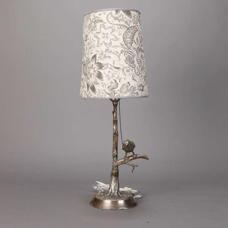 British Silver Plate Table Lamp with Bird in Tree