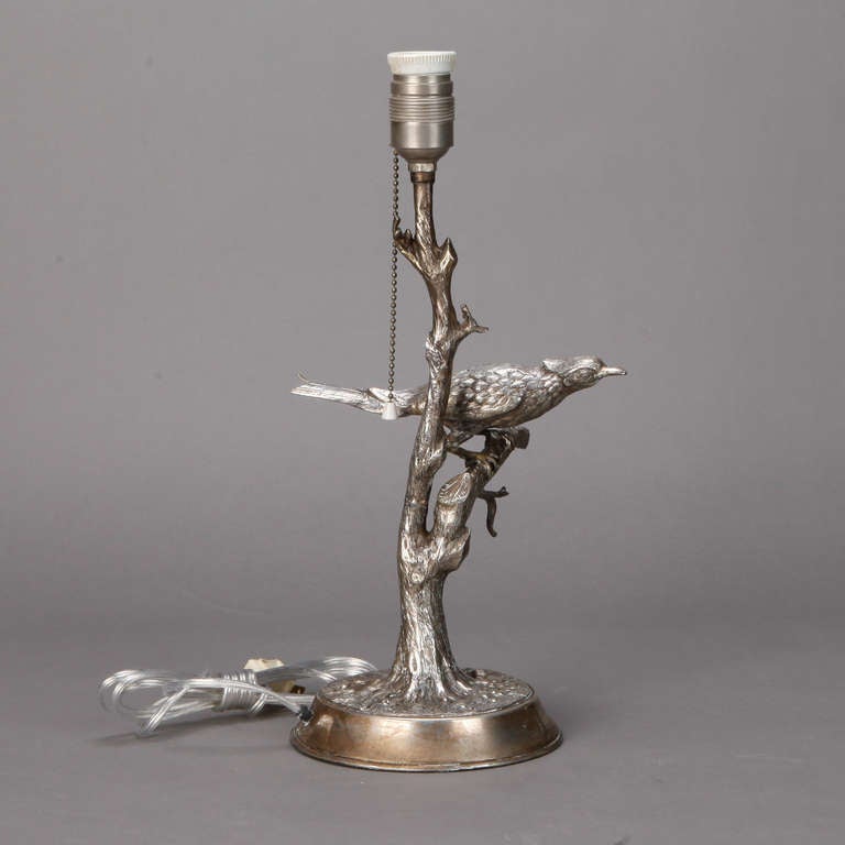 Silver Plate Table Lamp with Bird in Tree In Good Condition In Troy, MI